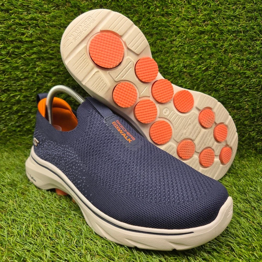 Skechers GO WALK 7 SIZE 8 EXTRA WIDE Men's Stretch Fit Slip On Shoes Navy Orange